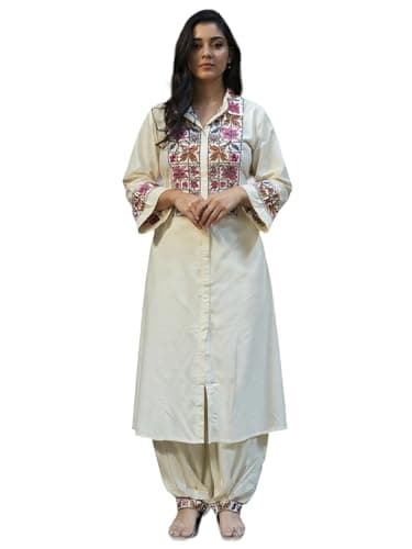 INDO ERA Women's Viscose Rayon Ethnic Motifs Embroidered Flared Kurta & Pant Set (Beige_IEAI11220_X-Large)