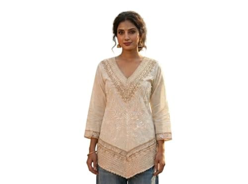 Women's Indo Western Kurta, Cream, Embroidered, V-Neck, 3/4 Sleeves, Ethnic Fusion Style (in, Alpha, L)