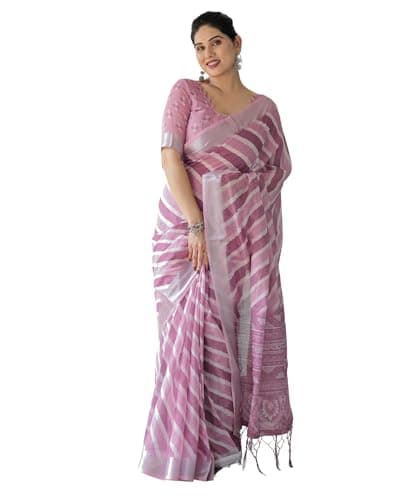 Kaugalian store Linen Cotton Stripe Printed Pink Saree For Women With Unstitched Blouse Piece