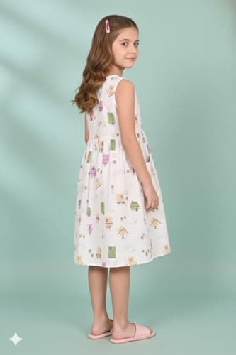 Cloth Bites Girl's 100% Pure Cotton Sleeveless A-Line Frock - Casual Summer Button-Down Dress with Pockets & Quirky House Print White 3