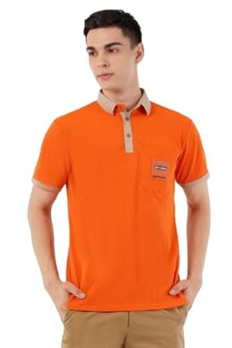 Indian Oil Professional Polo T-Shirt, Orange with Khaki Collar, Cotton, Short Sleeve, Logo Printed Pocket Design, Casual Wear (in, Alpha, L, Regular)