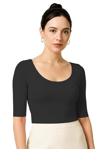 THE BLAZZE Women’s Stylish Ribbed Elbow Sleeve Lycra Stretchable Readymade Crop Tank Top Cami Blouse for Girls VB9 1303 2XL BLK Black