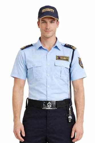 Security Guard Uniform Shirt for Men, Light Blue Short Sleeve with Security Patches and Epaulettes (in, Alpha, L, Regular)