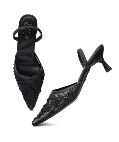 JM LOOKS Luxury Women Beaded Lace Pointed Toe Festive Kitten Heels For Wedding Outfits