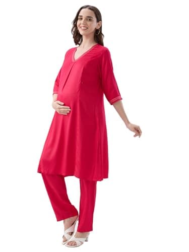 AV2 Maternity Nursing and Feeding Kurta Set | Nursing Zippers | Pre and Post Pregnancy | Raw Silk | Kurta Pant Set | Solid | Pink XXX-Large 5174 3