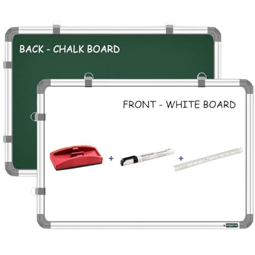 YAJNAS 2x3 Feet Non Magnetic Double Sided White Board and Chalk Board, One Side White Marker and Reverse Side Green Chalk Board Surface - Pack of 4 Items (One 2x3 feet Board + 3 Items)