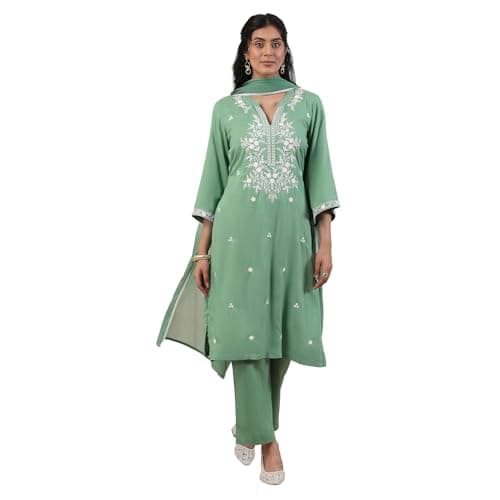 Biba Women Green Viscose Rayon Straight Suit Set_40