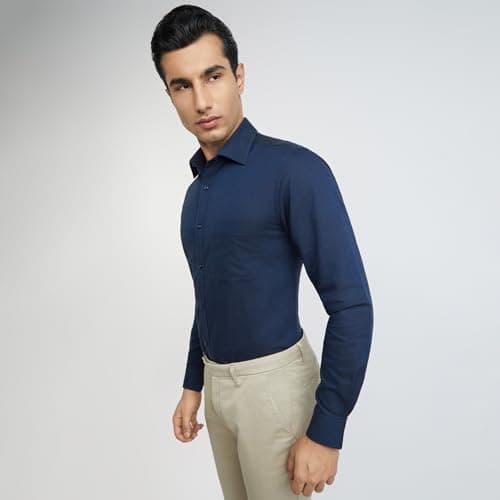 Raymond Men's Slim Fit Cotton Semi Cut Away Collar Solid Pattern Full Sleeve Dark Blue Shirt 3
