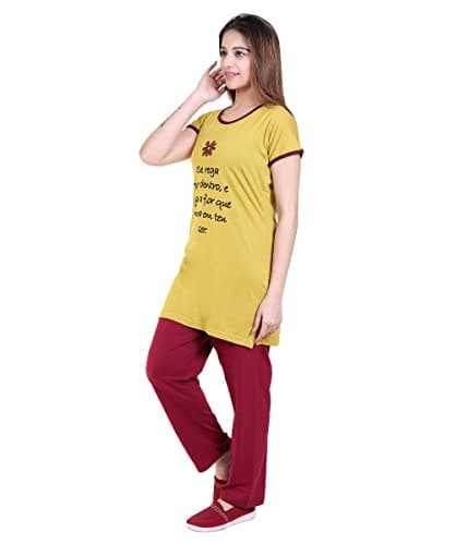 DG Divine Girl Printed Summer Night Suit Set | Pyjama Set Sleepwear Nightwear Nightdress Loungewear for Women's (Mustured, 8XL) 5