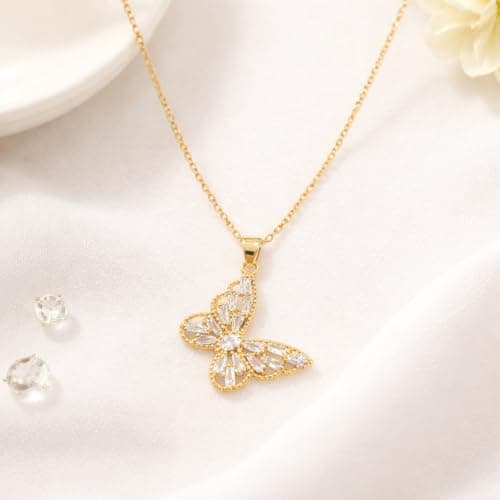 MIAMI American diamond AD Jewellery Gold Butterfly Necklace for Woman Stainless Steel Adjustable Neck Chain Pendant Necklace Stylish Locket Anti Tarnish Valentine Gifts for Women Girlfriend -293 3