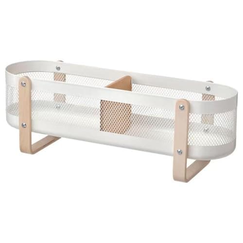 Ikea RISATORP Desk Organiser, White Metal Mesh with Wooden Handles, 50x16x17 cm