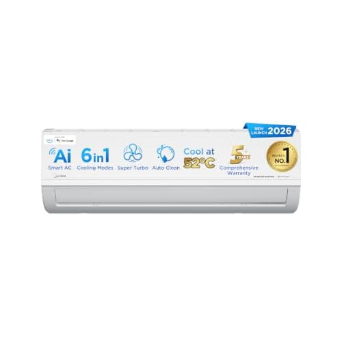 Midea 1Ton 3 Star, New Star Rated, Wifi Inverter Split AC with 6-in-1 Convertible Cooling, Turbo Mode, Heavy Duty Cooling at 52℃, Auto Clean&HD+PM 2.5 Filter(Copper, AC 1Ton MAI12SD3R36W0, White)