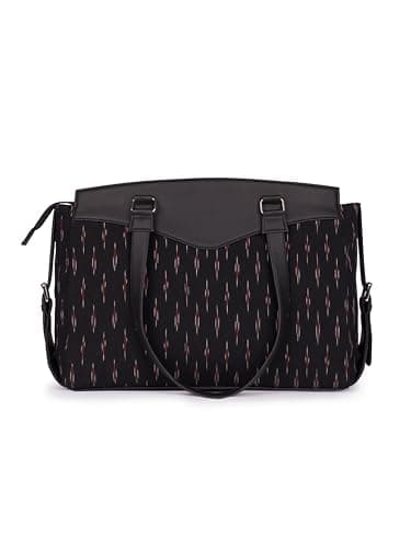 ZOUK Ikat GreRed Printed Jute Vegan Leather Black and Red Women's Office Work Bag With Double Handles Strap 4