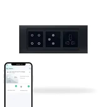 Aziot 6 Module Switch Board Plate | Smart 4 Touch, Fan Touch SW & Socket (Glass Finish) | WiFi + BLE | Google, Alexa & Siri (Black)