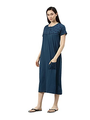 KRYPTIC Womens Teal Blue Printed Pure Cotton Maxi Nightdress(Teal Blue-L) 3