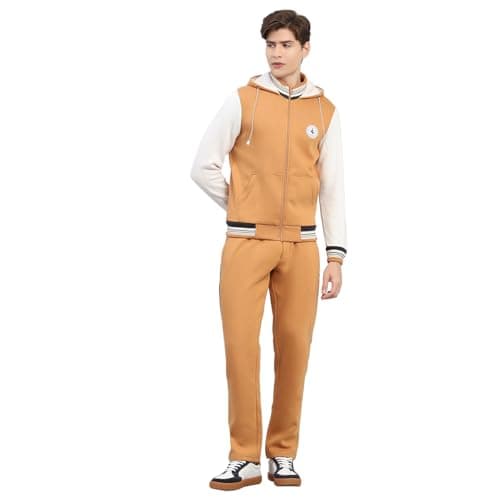 Monte Carlo Men's Regular Fit Solid Hooded Full Sleeve Tracksuit| Men Track Suit | Stylish Sportswear Set with Jacket and Lower | Activewear Set For Men's Camel Brown 3XL