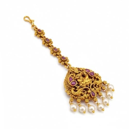 VAMA FASHIONS Traditional Matt Gold Plated Ruby CZ Stone Pearl Maangtikka Papdibilla Temple Maang Tikka Wedding Jewlery For Women & Girls (Laxmi maang tikka)