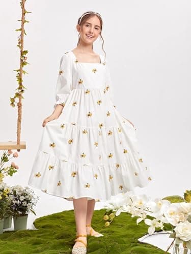 SKYCARRY Girls Cotton Midi Dress Ages 5 to 14 Years White Floral Embroidery Square Neck Western Outfit Stylish Kids Clothing Summer Beach Birthday Fashion Frocks for Children 5