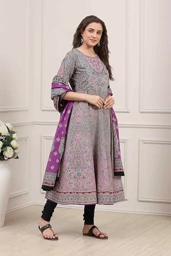 Biba Women Purple Cotton Printed Anarkali Suit Set_38 4