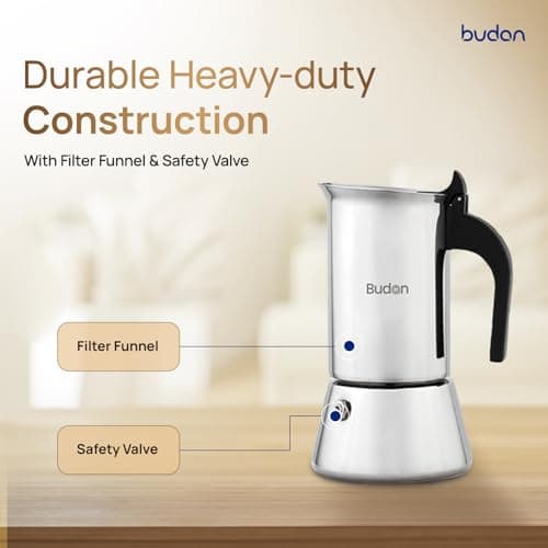 Budan Induction Moka Pot 6 Cup Stainless Steel Espresso Maker | Stovetop & Induction Compatible | Durable Steel Body | Brews 4-6 Cups | Espresso, Americano & More (180ml) 4