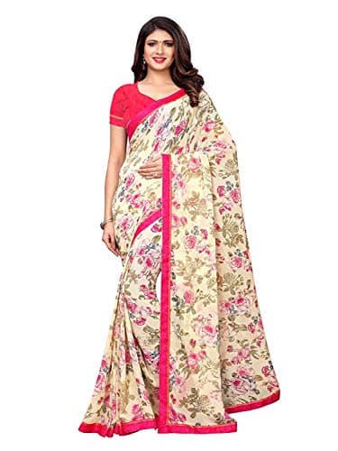 RAJESHWAR FASHION WITH RF Women's Printed Georgette Saree For Women With Lace Border & Blouse Piece(A32 BEIGE_Beige)