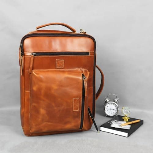 LUXURIO CRAFT Leather Laptop Backpack for Men & Women | 2-in-1 Convertible Office Bag | Fits Upto 15.6 Inch Laptop | Premium Tan Leather Work & Travel Bag with Multiple Compartments 2