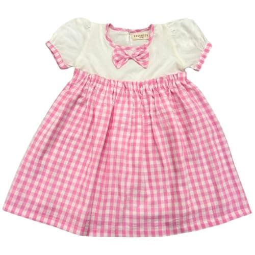 KOSHMOSH Combo of 3 Cotton Baby Girl Dress with Cute Bow I Stylish Gingham Baby Frock I Soft Mulmul-Lined Girl Outfit Yellow,Pink,Blue-9-12 Months 4