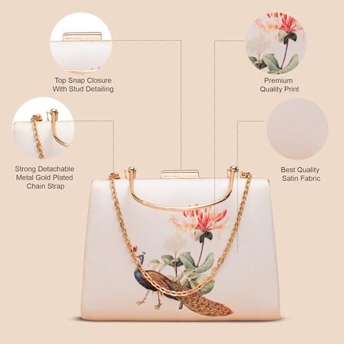 Artklim Peacock With Flower Printed Clutch – Elegant Handcrafted Box Bag with Golden Metal Handle & Detachable Sling | Designer Evening Clutch for Women 3