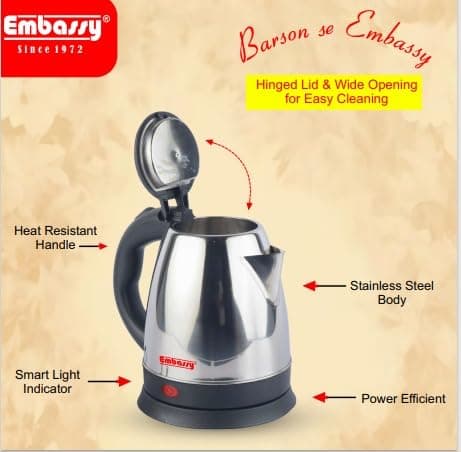 EMBASSY Electric Kettle Stainless Steel 1.5 L | 1000W | Superfast Boiling | Auto Shut-Off | Boil Dry Protection | 360° Rotating Base | 2 YEAR WARRANTY 4