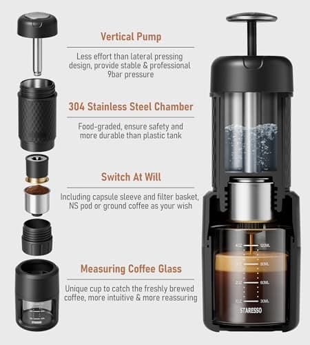 STARESSO Espresso Coffee Maker, Red Dot Award Winner Portable Espresso Cappuccino,Quick Cold Brew Manual Coffee Maker Machines All in One 4