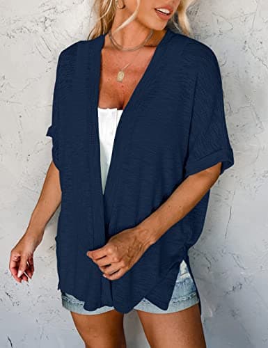 MEROKEETY Women's 2026 Summer Lightweight Kimono Cardigan Short Sleeve Open Front Casual Loose Trendy Beach Cover Ups, Navy, Medium 2