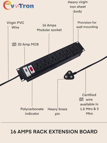 EVOTRON PDU 5/15 Amp Extension Board with Heavy Duty 16 Amp MCB and Surge Protector | 6 Socket Networking & Server Rack with Power Cord -1.5 Mtr (Power Distribution Unit) 3