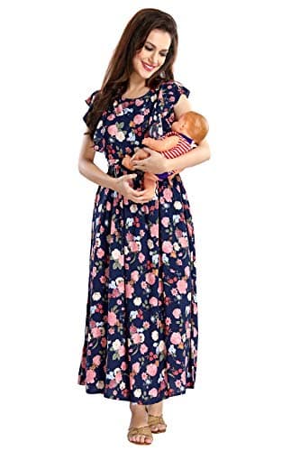 AV2 Rayon Women's Viscose Regular Fit Maternity Kurta | Nursing |Feeding | Breast Feeding Anarkali Dress with Zippers for Post Pregnancy(5074_Navy_M), Navy Blue 2