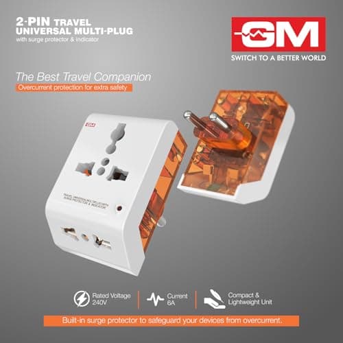 GM 6AMP 2-Pin Multi Plug Adapter | Universal Travel Adapter | Supports 2-Pin & 3-Pin Plugs | Multiple Charging Ports | Charge Smartphones, Laptops & Other Devices | Compact & Reliable | GM 3011 4