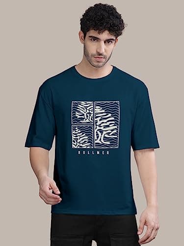 BULLMER Trendy Front Printed Oversized Round Neck T-Shirt for Men - Petrol Blue/Large 4