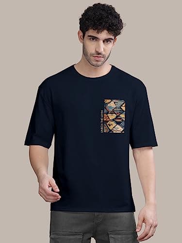 BULLMER Trendy Front and Back Printed Oversized Round Neck T-Shirt for Men - Blue/XX-Large 4