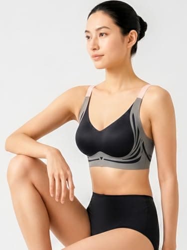 CareDone Women's Seamless Sports Bra, Wireless, V-Neck, Black and Grey, Workout Activewear. (in, Alpha, L, Regular, Black) 5