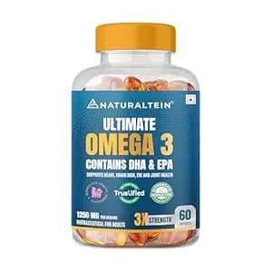 NATURALTEIN Omega-3 Fish Oil 1250mg Triple Strength Softgel Capsules | 450mg EPA & 300mg DHA in Triglyceride Form for Better Absorption | Heart, Brain, Eye & Joint Support | Glyphosate-Free | 60 Softg