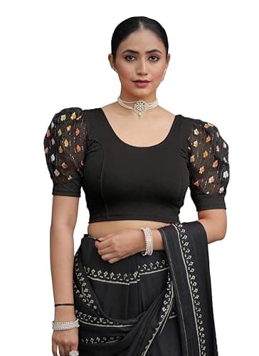 Amazon Brand - Anarva Round Neck Lycra Stretchable Puffed Elbow Sleeve Readymade Saree Blouse for Women Stylish (roli-Black-Blouse-l)
