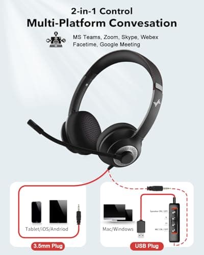 USB Headset with Mic for PC, Over-Ear Computer Laptop Headphones with Noise Cancelling Microphone in-line Control for Home Office Online Class Skype Zoom 5