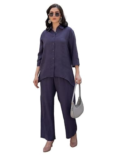 TITTLI Rayon Fabric Collared Three-Quarter Sleeves Shirt & Trouser Co-Ord Set for Women | Elastic Waist Bottom | Casual Wear Relaxed Fit Outfit | Sizes - M, L, XL, XXL, 3XL Purple