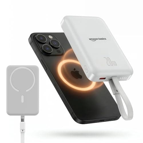 Amazon Basics 10000mAh Magnetic Wireless Power Bank | 15W Wireless Charging & 22.5W PD Output | Built-in Lightning Cable | LED Battery Indicator | White