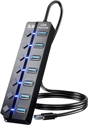 BERLAT USB 3.0 Hub 7-Port Data Hub Splitter with 4ft Long Cable, Individual LED On/Off Switches, Compatible with Laptop, PC, Surface Pro, PS4, PS5, Flash Drive, Mobile HDD