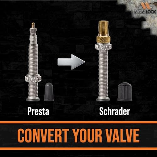 5 Pcs (+ 10 Caps) Brass Presta Valve Adapter - Convert Presta to Schrader/Auto for All Types of Bikes, e-Bikes and e-Scooters - Inflate Tire Using Standard Pump or Air Compressor - by Mobi Lock 2
