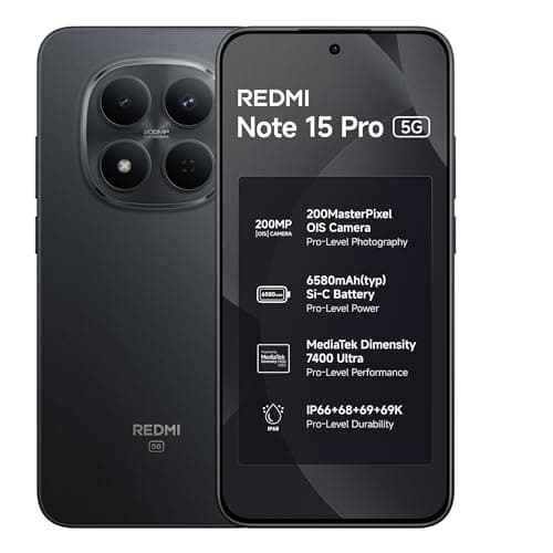 REDMI Note 15 Pro 5G (Carbon Black, 8GB+256GB) | 200MasterPixel OIS Camera | Dimensity 7400-Ultra | 17.3cm CrystalRes AMOLED Screen | IP66/68/69/69K | Mega 6580mAh Si/C Battery | 45W Fast Charging