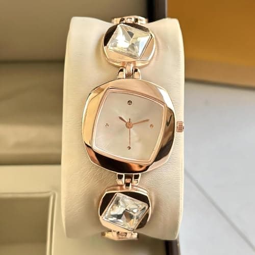styledose Luxury Dial in Square case with Ston Studded brecelet Strap Quartz Analogue Wrist Watches for Women's & Girls&Miss&Ladies (Rosegold (White)) 3