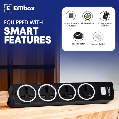 EMBOX 10A Extension Board with Master Switch-Extension Cord with 4 Universal Sockets-Spike Guard with Safety Shutter and LED Indicator-1500W (Black-5 Meter Cable) 3