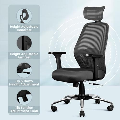 ASTRIDE Octave BIFMA Certified Ergonomic Office Chair for Work | 2D Adjustable Soft Armrest, 2D Headrest & 2D Lumbar Support | Single Tilt Lock Mechanism [Heavy Duty Metal Base, Black-Grey] 6
