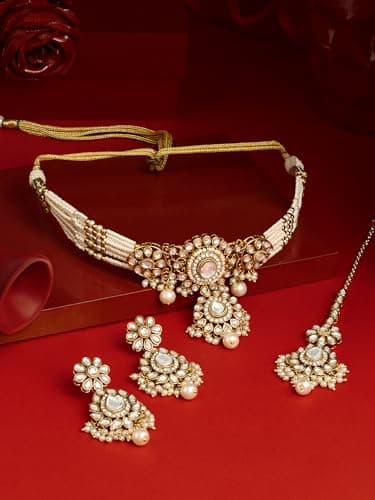 ZAVERI PEARLS Gold Tone Dazzling Kundan Multistrand Pearls Choker Necklace Earring & Maangtikka Set For Women-ZPFK19087 2