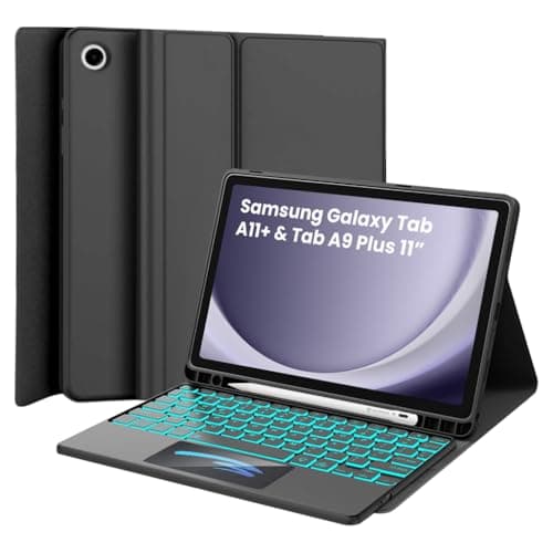 Keyboard Case for Samsung Galaxy Tab A11+ & Tab A9 Plus 11” Folio Cover SM-X230, SM-X236B, SM-X210, SM-X215 with Trackpad, 7 Color Backlit Magnetically Detachable Bluetooth Keyboard, Multi-Angle View